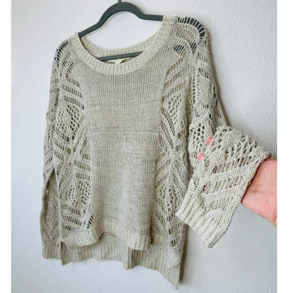 Staring at Stars Beige Tan Open Stitch Thin Round Neck Sweater Small - Picture 4 of 12